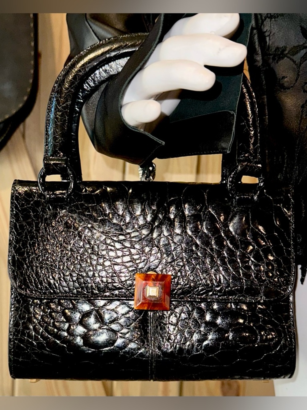 Vintage Coblentz genuine exotic skin handbag with stunning faux tortoise clasp